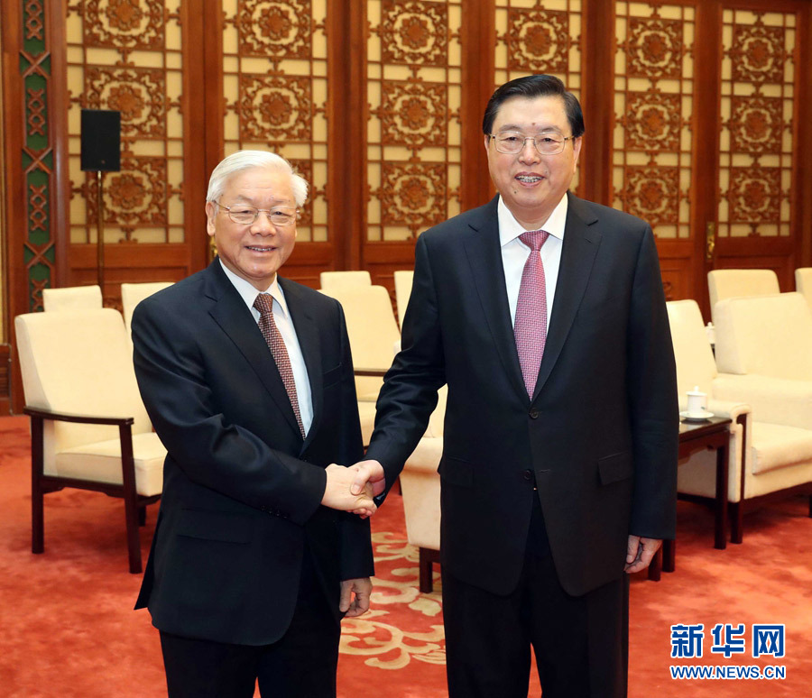 1月13日，中共中央政治局常委、全國人大常委會委員長張德江在北京人民大會堂會見越共中央總書記阮富仲。 新華社記者 劉衛(wèi)兵 攝