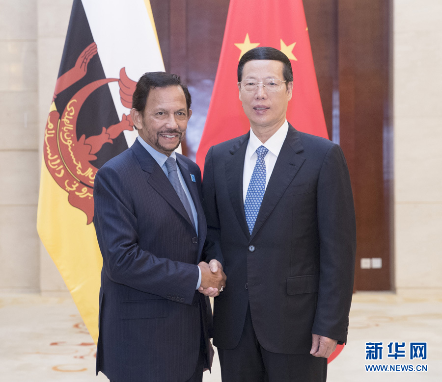 9月11日，中共中央政治局常委、國(guó)務(wù)院副總理張高麗在廣西南寧會(huì)見前來出席第十四屆中國(guó)－東盟博覽會(huì)和中國(guó)－東盟商務(wù)與投資峰會(huì)的文萊蘇丹哈桑納爾。新華社記者王曄攝