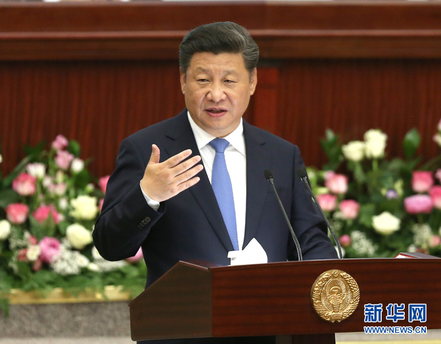 6月22日，國家主席習(xí)近平在塔什干烏茲別克斯坦最高會議立法院發(fā)表題為《攜手共創(chuàng)絲綢之路新輝煌》的重要演講。 新華社記者馬占成攝
