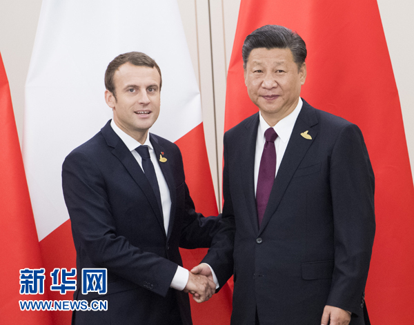 7月8日，國(guó)家主席習(xí)近平在漢堡會(huì)見(jiàn)法國(guó)總統(tǒng)馬克龍。新華社記者 李學(xué)仁 攝