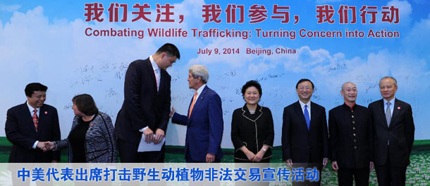 劉延?xùn)|、楊潔篪同美國國務(wù)卿克里共同出席中美打擊野生動植物非法交易宣傳活動（圖）